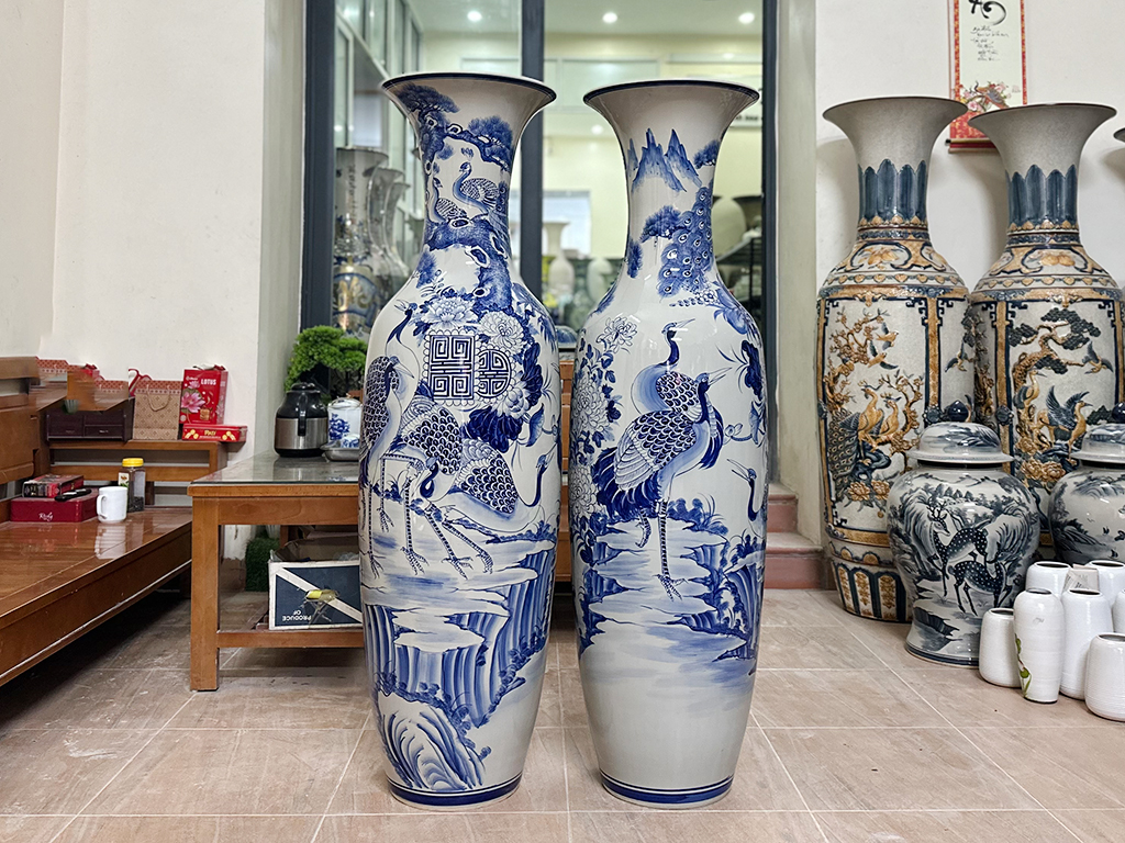 Lọ lộc bình Bát Tràng men lam Tùng Hạc Ngũ Phúc 1m4 5